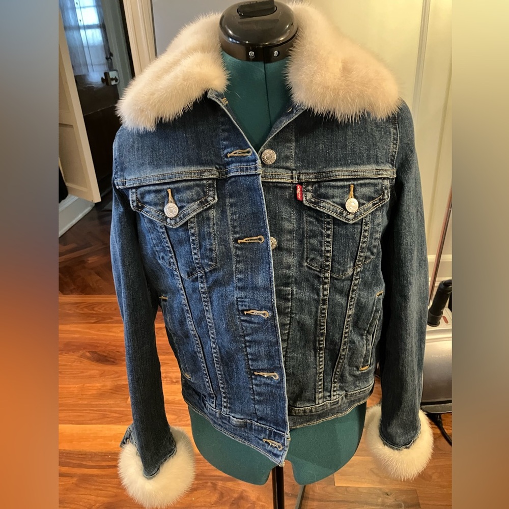 Levi's Blue Denim Jacket with Real White Mink Fur Trim